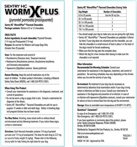 Broad Spectrum De-Wormer Chewable Tablets for Medium and Large Dogs greater than 25 lbs.