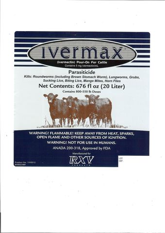 Ivermax (ivermectin) Pour-On for Cattle ANADA 200-318, Approved by FDA Contains 5 mg ivermectin/mL Parasiticide Consult you veterinarian for assistance in the diagnosis, treatment and control of <a href=