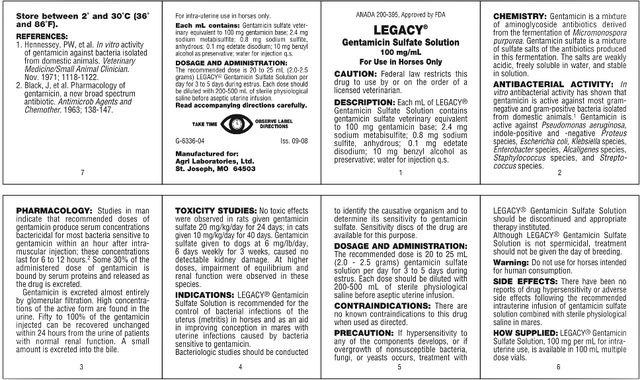 LEGACY Gentamicin Sulfate Solution ANADA 200-395, Approved by FDA 100 mg/mL For Use in Horses Only